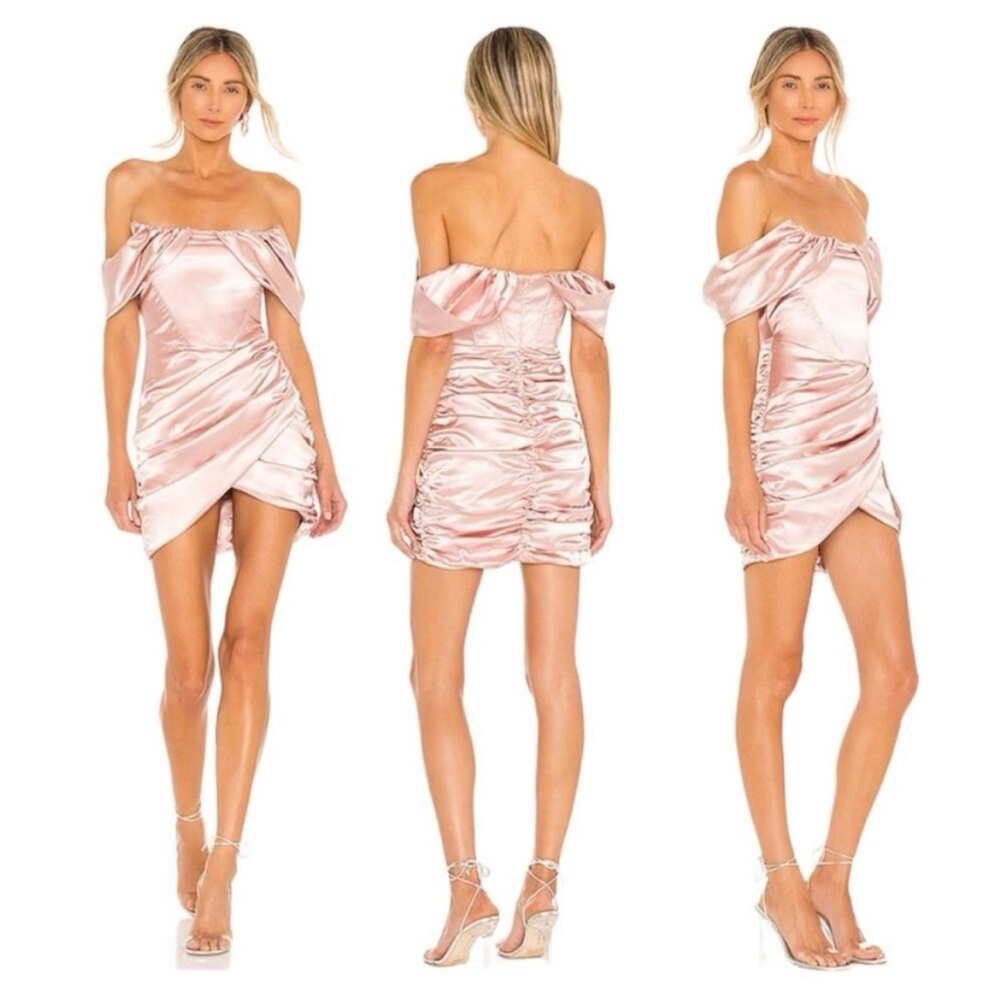 Revolve off the shoulder blush pink satin corset ruched mini dress S|Barbiecore